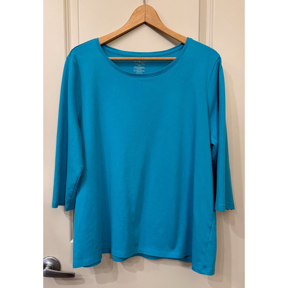 LL Bean Women's Aqua Blue 100% Supima Cotton 3/4 Sleeve T-Shirt Plus Size 2X